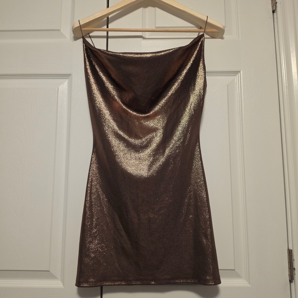 Forever 21 Metallic Cowl Neck Shimmer Mini Dress Bronze Rose Gold Size Small
